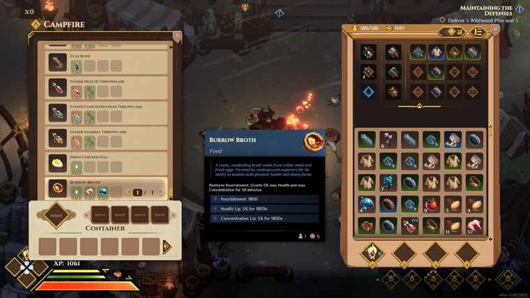 Dimraeth campfire cooking interface beside a full inventory grid